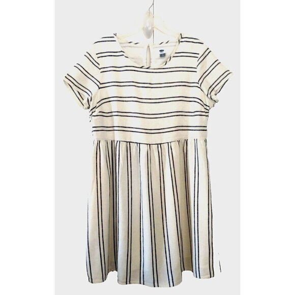 Old Navy Women White Striped Short Pullover Lined Linen Blend Dress - Large - Picture 1 of 9